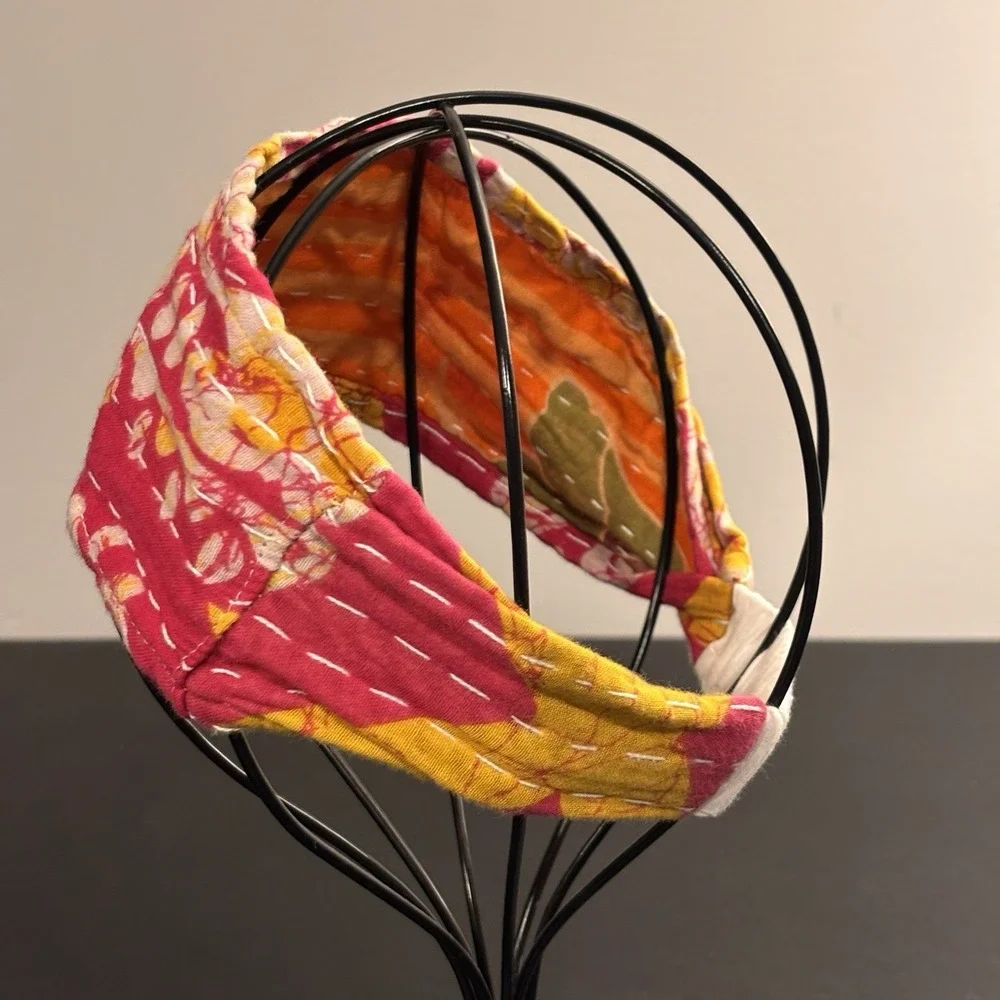Handmade Kantha Cotton Pink Yellow Women's Stretch Headband One Size Fits Most